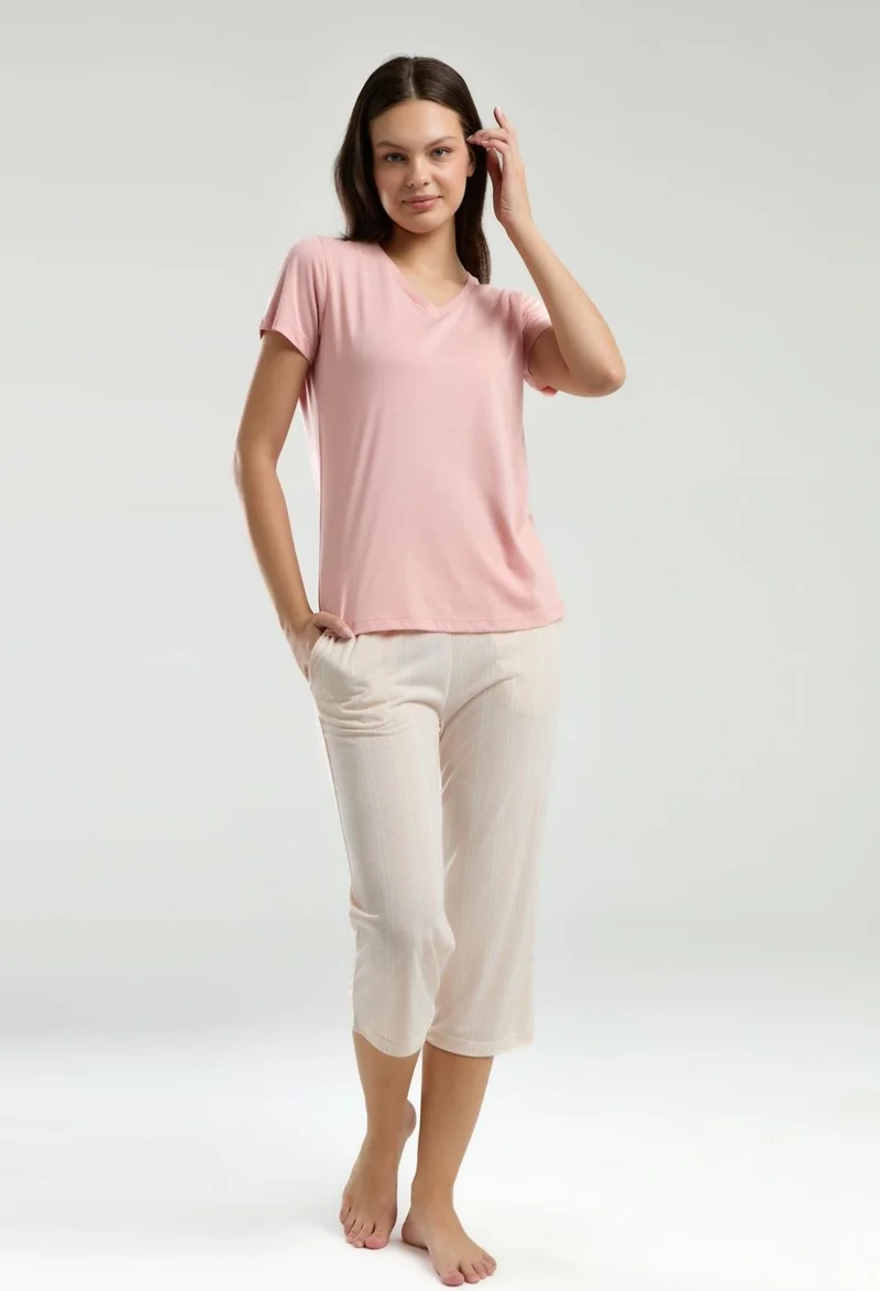 ارنيتا Women's Plus Size Capri Set V Neck Short Sleeve, Pocket Detail