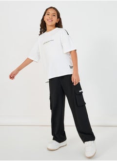 Styli Slogan Print T-Shirt with Patch Work Detail & Crago Pants Co-Ords  - Image 1