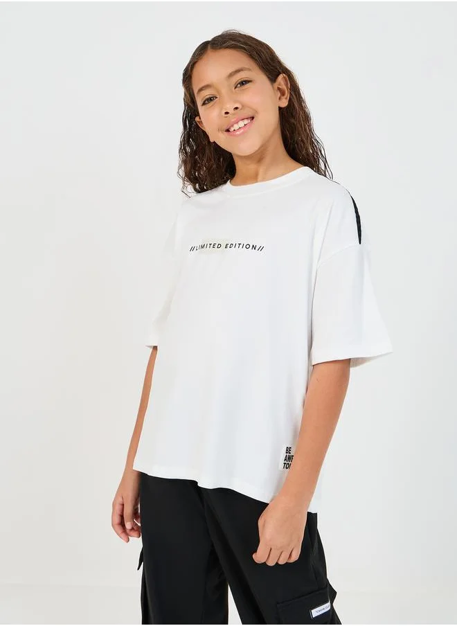 Styli Slogan Print T-Shirt with Patch Work Detail & Crago Pants Co-Ords