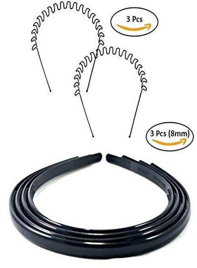 Fok Set Of 3 Black Metal Wavvy Zigzag Hairbands & 3 Black Plain Plastic Hairbands (8 mm) - Image 2