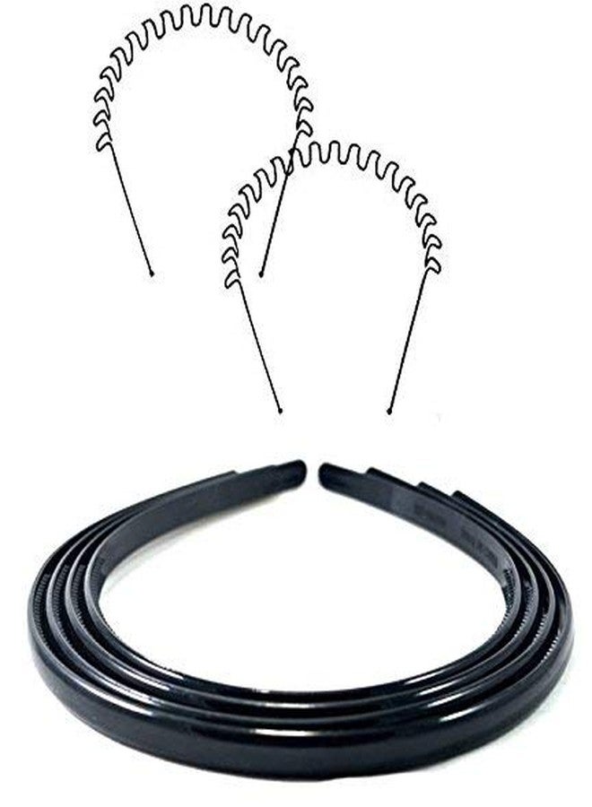 Fok Set Of 3 Black Metal Wavvy Zigzag Hairbands & 3 Black Plain Plastic Hairbands (8 mm) - Image 1