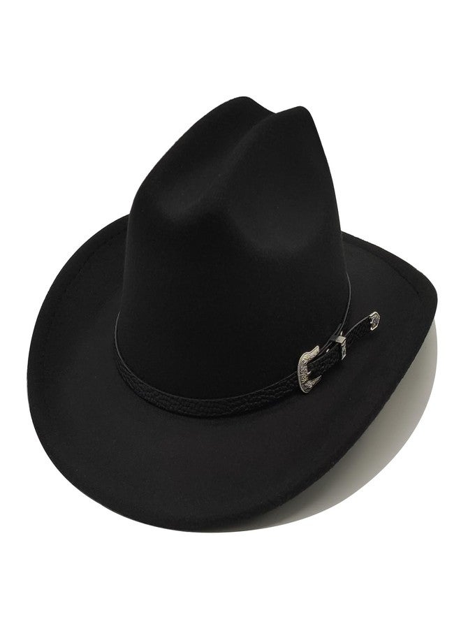 Willheoy Kids Cowboy Hat for Girls Boys Western Cowgirl Hat with Buckle Belt Unisex Wide Brim Fedora Hat Dress Up Costume (US, Numeric, 6 1/2, A-Black) - Image 1