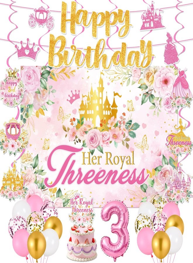 LUUFILx Princess 3rd Birthday Party Decorations, Her Royal Threeness Birthday Banner Pink Princess Backdrop Banner Hanging Swirls Balloons Cake Topper for 3 Years Old Girl Bday Party Supplies - Image 1