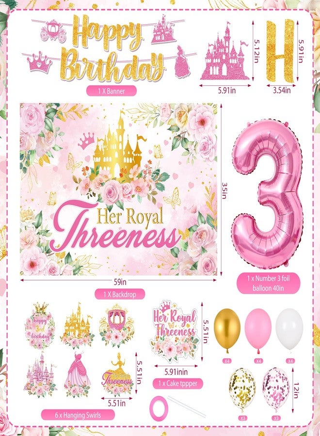 LUUFILx Princess 3rd Birthday Party Decorations, Her Royal Threeness Birthday Banner Pink Princess Backdrop Banner Hanging Swirls Balloons Cake Topper for 3 Years Old Girl Bday Party Supplies - Image 4