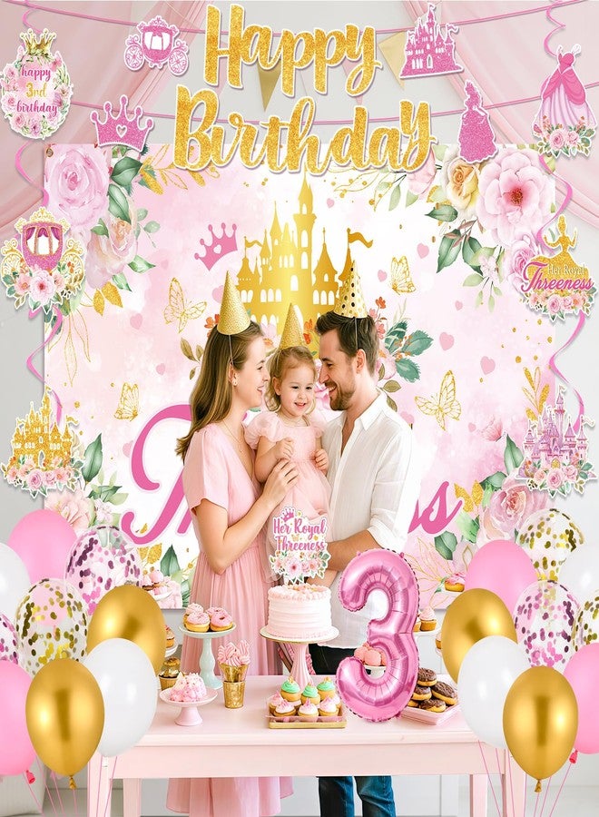 LUUFILx Princess 3rd Birthday Party Decorations, Her Royal Threeness Birthday Banner Pink Princess Backdrop Banner Hanging Swirls Balloons Cake Topper for 3 Years Old Girl Bday Party Supplies - Image 3
