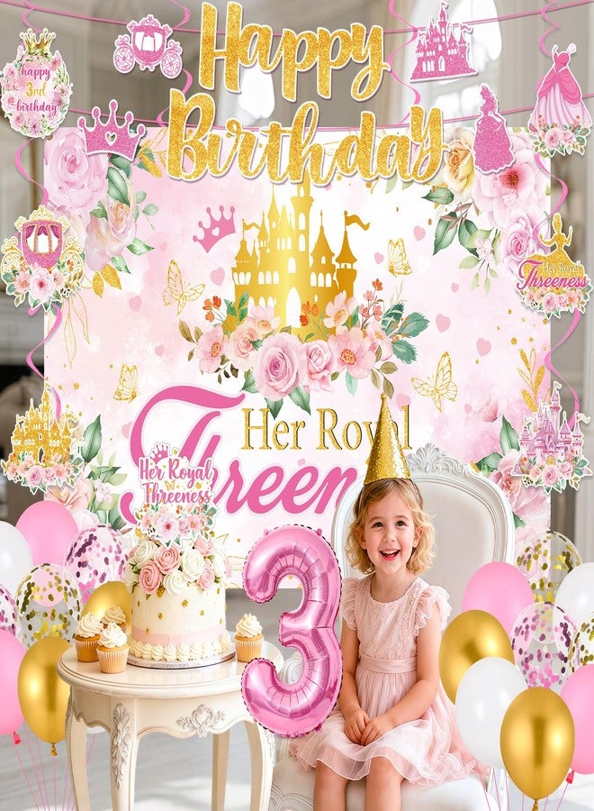 LUUFILx Princess 3rd Birthday Party Decorations, Her Royal Threeness Birthday Banner Pink Princess Backdrop Banner Hanging Swirls Balloons Cake Topper for 3 Years Old Girl Bday Party Supplies - Image 2