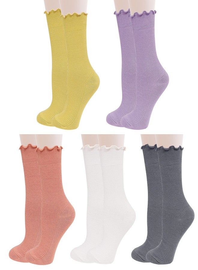 Lovful 5 Pack Ruffle Socks Women, Cute Crew Cotton Socks, Slouchy Boot Frilly Novelty Socks, Purple - Image 1