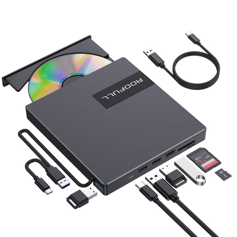 ROOFULL External CD DVD Drive with 4* USB Ports and 2* SD/TF Card Slot for Laptop, USB 3.0 Type-C CD-R/RW/ROM Reader Writer Burner DVD Player Disc Drive for PC Mac Windows 11/10 MacBook Linux Computer - Image 1
