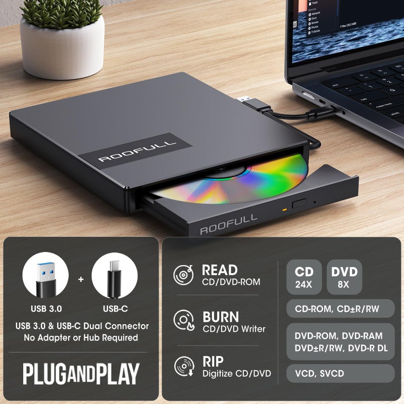 ROOFULL External CD DVD Drive with 4* USB Ports and 2* SD/TF Card Slot for Laptop, USB 3.0 Type-C CD-R/RW/ROM Reader Writer Burner DVD Player Disc Drive for PC Mac Windows 11/10 MacBook Linux Computer - Image 4