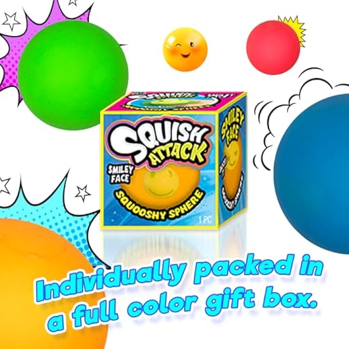 Ja-Ru Squish Attack Ball (1 Unit Assorted) Squooshy Sphere with 6 Different Smiley Faces. Fidget Squishy Toy for Kids, Teen, & Adult. Soft Stress Therapy, Squish and Stretch Party Favor. 5606-1 - Image 3
