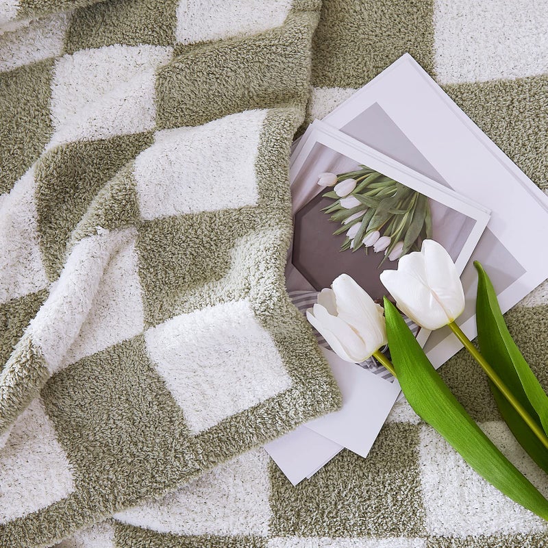 WRENSONGE Checkered Throw Blanket, Sage Green Soft Cozy Fluffy Hand Made Throw Blankets for Couch, Sofa, Chair, Bed, Camping, Picnic, Travel Lightweight Bed Blankets for Women Mothers Birthday Gifts - Image 4