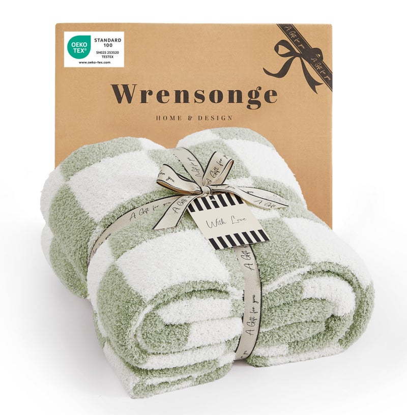 WRENSONGE Checkered Throw Blanket, Sage Green Soft Cozy Fluffy Hand Made Throw Blankets for Couch, Sofa, Chair, Bed, Camping, Picnic, Travel Lightweight Bed Blankets for Women Mothers Birthday Gifts - Image 1