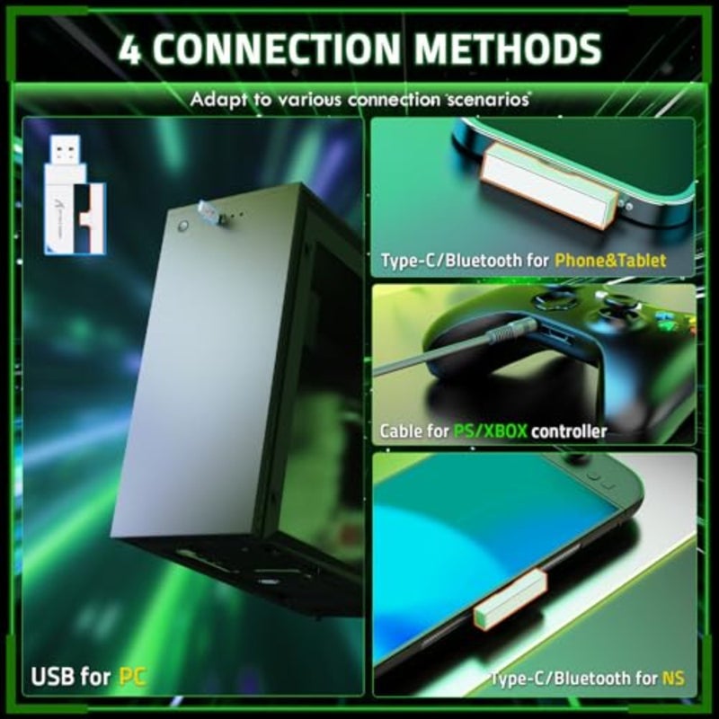 سماعة رأس للألعاب للكمبيوتر الشخصي/PS/XBOX: تصميم أسود بلاستيكي خفيف الوزن مع صوت محيطي ثلاثي الأبعاد، ومشغلات 40 مم، وزمن استجابة منخفض 20 مللي ثانية، وميكروفونات مزدوجة قابلة للتعديل، و3 أوضاع اتصال 2.4 جيجا/بلوتوث/سلكي - Image 4