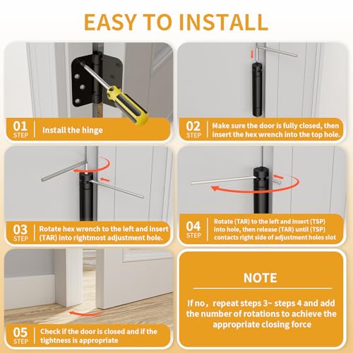 Luxbaro 3 Pack Self Closing Door Hinges 4 Inch, Matte Black Spring Loaded Hinges with 5/8'' Radius Corners, Adjustable Tension for Garage, Front Door, for Left and Right Hand Door, UL Listed - Image 5
