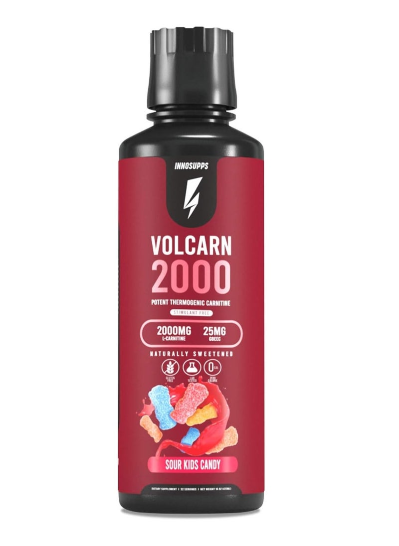 INNOSUPPS Volcarn 2000 - Advanced Fat Burning Liquid | L-Carnitine, Caffeine Free, No Artificial Sweeteners | 32 Servings (Sour Kids Candy) 