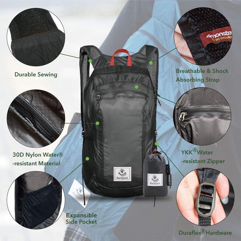 4Monster Hiking Daypack,Water Resistant Lightweight Packable Backpack For Travel Camping Outdoor (Grey, 24L) - Image 2