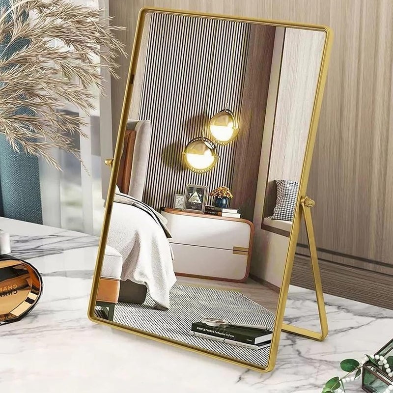 Gosider Makeup Desk Mirror Gold Rectangular Desk Mirror with Metal Framed Portable Vanity Table Mirror 90°Single-Sided High-Definition Countertop Makeup Mirror for Dresser Living Room Bedroom Office - Image 1