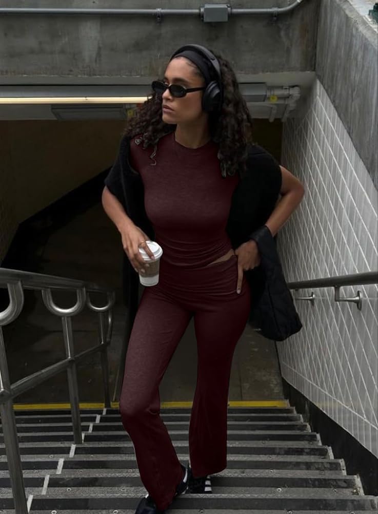 ZFLM Casual Workout Two Piece Outfits for Women Short Sleeve Crop High Waist Foldover Flare Pants Tracksuit Sets Streetwear - Image 3