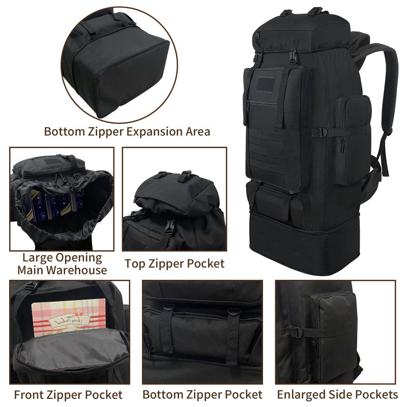 Vaupan Hiking Backpack, 100L Large Camping Backpack, Expandable Waterproof MOLLE Rucksack, Outdoor Sport Travel Daypack Military Tactical Back pack for Men Women (Black) - Image 5
