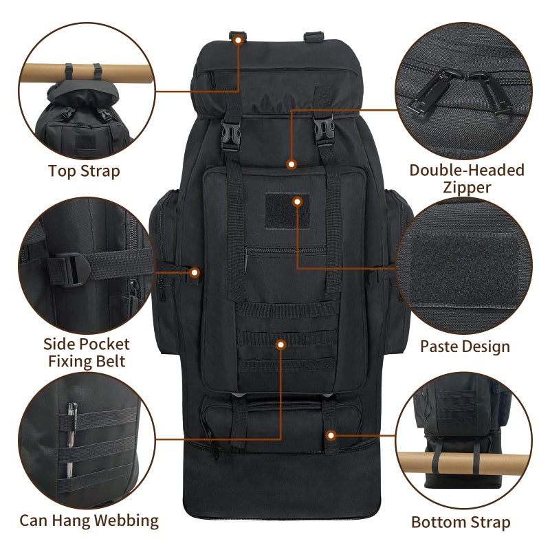 Vaupan Hiking Backpack, 100L Large Camping Backpack, Expandable Waterproof MOLLE Rucksack, Outdoor Sport Travel Daypack Military Tactical Back pack for Men Women (Black) - Image 3