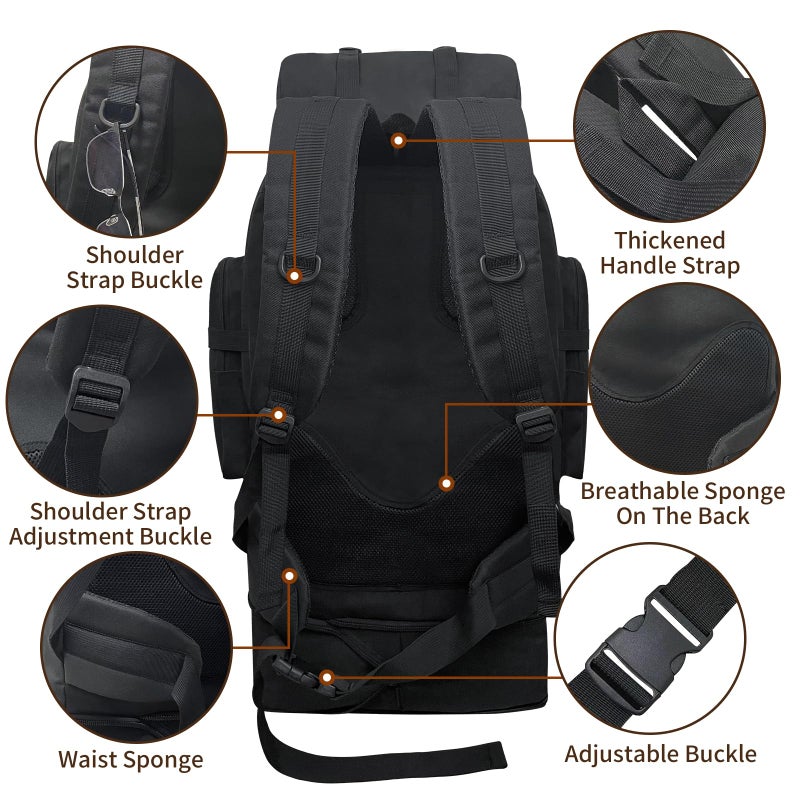 Vaupan Hiking Backpack, 100L Large Camping Backpack, Expandable Waterproof MOLLE Rucksack, Outdoor Sport Travel Daypack Military Tactical Back pack for Men Women (Black) - Image 4