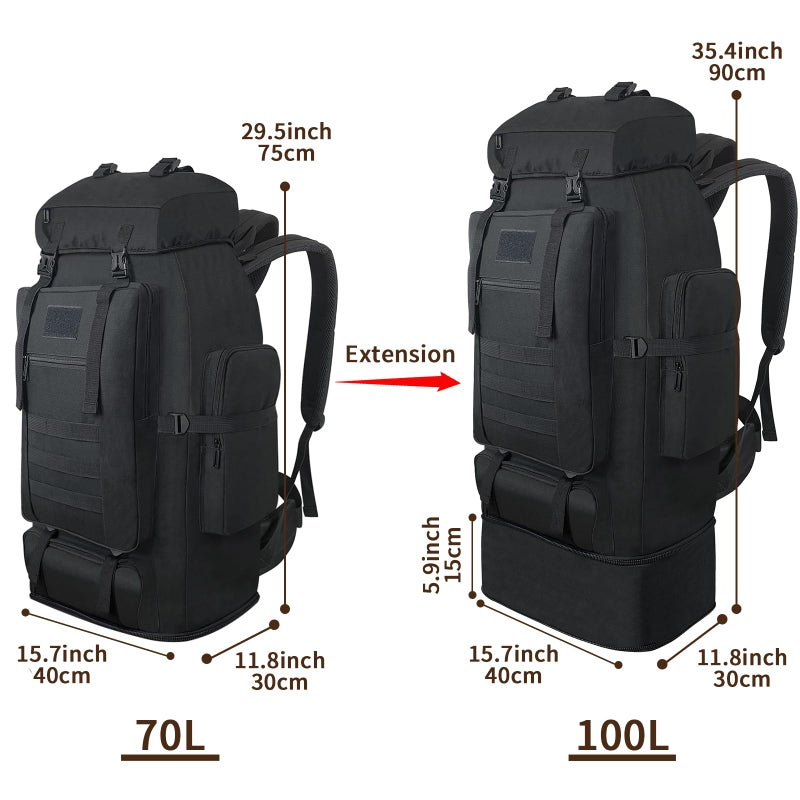 Vaupan Hiking Backpack, 100L Large Camping Backpack, Expandable Waterproof MOLLE Rucksack, Outdoor Sport Travel Daypack Military Tactical Back pack for Men Women (Black) - Image 2