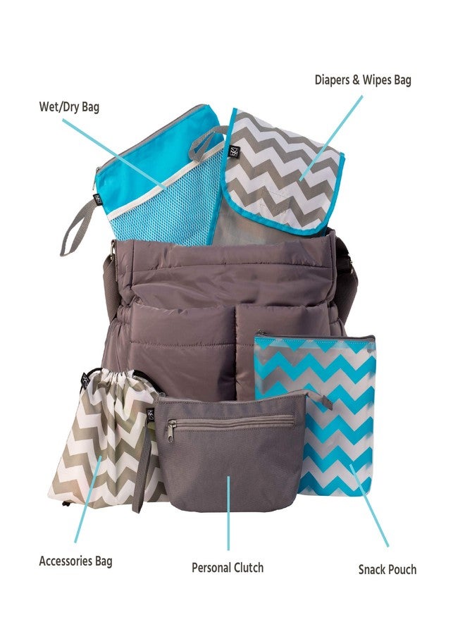 J.L. Childress Diaper Bag Organizing Pouches - Travel Organizer for Baby Accessories & Toiletries, Packing Essentials for Purse & Backpack, Waterproof Wet Bag, Personal Clutch - Set of 5, Grey/Chevron - Image 2