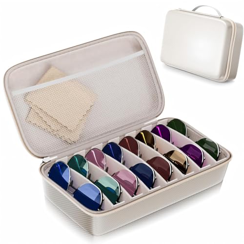 Vecxoty White Travel Sunglasses Organizer For 8 Pairs​, EVA Hard Shell​Sunglass Case with Soft Lining & Adjustable Slot for Secure Multiple ​Sunglasses Storage, Portable Eyeglass Case for Men Women - Image 1