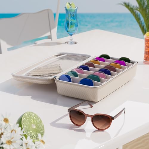 Vecxoty White Travel Sunglasses Organizer For 8 Pairs​, EVA Hard Shell​Sunglass Case with Soft Lining & Adjustable Slot for Secure Multiple ​Sunglasses Storage, Portable Eyeglass Case for Men Women - Image 2