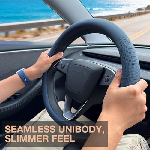 PINCTROT Nappa Leather Steering Wheel Cover for Tesla Model Y/3 Highland/Juniper, D Shaped 14 Inch Small Sized with Breathable Perforation, Fit Like Gloves, Flat Bottom 14 Inch(Nappa Smoky Blue) - Image 2