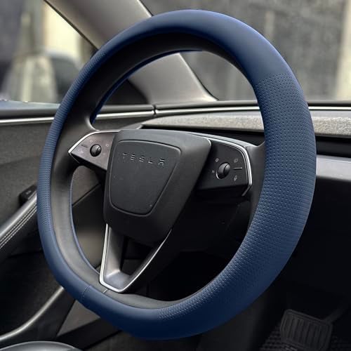 PINCTROT Nappa Leather Steering Wheel Cover for Tesla Model Y/3 Highland/Juniper, D Shaped 14 Inch Small Sized with Breathable Perforation, Fit Like Gloves, Flat Bottom 14 Inch(Nappa Smoky Blue) - Image 1
