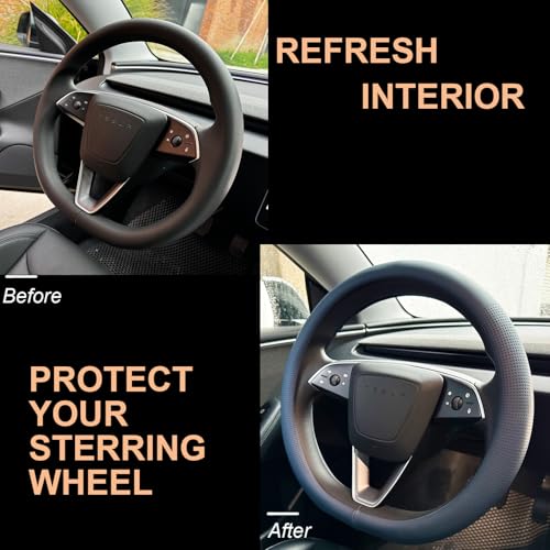 PINCTROT Nappa Leather Steering Wheel Cover for Tesla Model Y/3 Highland/Juniper, D Shaped 14 Inch Small Sized with Breathable Perforation, Fit Like Gloves, Flat Bottom 14 Inch(Nappa Smoky Blue) - Image 4