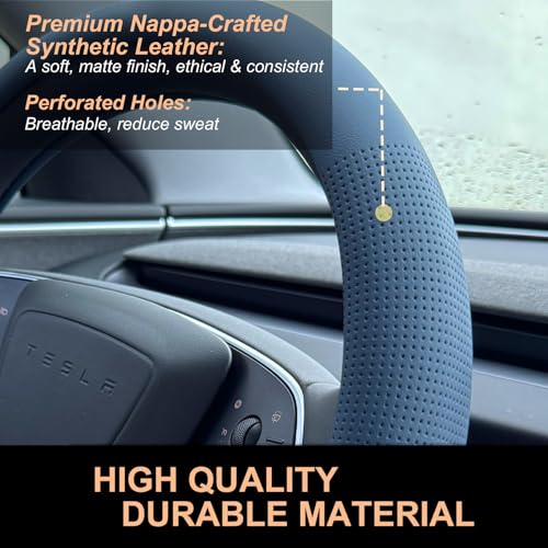 PINCTROT Nappa Leather Steering Wheel Cover for Tesla Model Y/3 Highland/Juniper, D Shaped 14 Inch Small Sized with Breathable Perforation, Fit Like Gloves, Flat Bottom 14 Inch(Nappa Smoky Blue) - Image 3