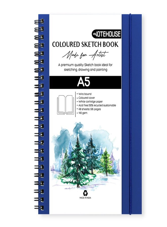 Notehouse A5 Portrait Spiral Sketchbook (14x21 cm) | 96 Unruled White Thick Pages | Professional Drawing Notebook | Blue Hard Cover Art Book for Artists & Students - Image 1