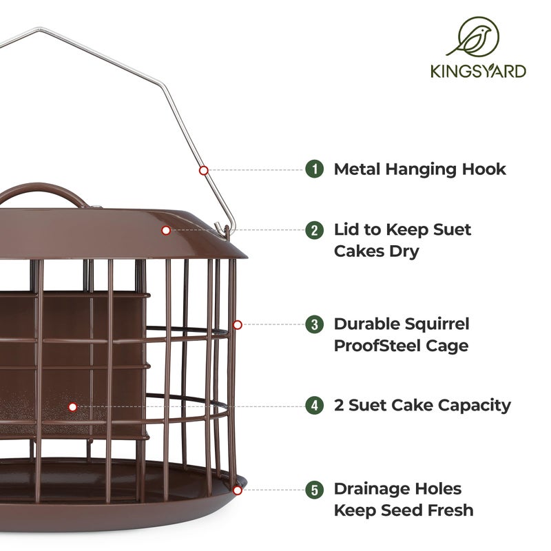 Kingsyard Squirrel Proof Suet Feeder, Cage Bird Feeders for Outdoors Hanging, All Metal, Double Suet Cake Capacity, Tray & Weatherproof, Brown - Image 4