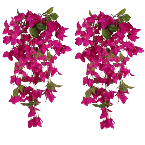 IPOPU Artificial Hanging Flowers Bougainvillea, 2PCS UV Resistant Bougainvillea Silk Vine Flowers Fake Triangle Plum Blooming Faux Flower for Garden Porch Eave Wedding Wall Indoor Outdoor Decor (Rose Red) - Image 1