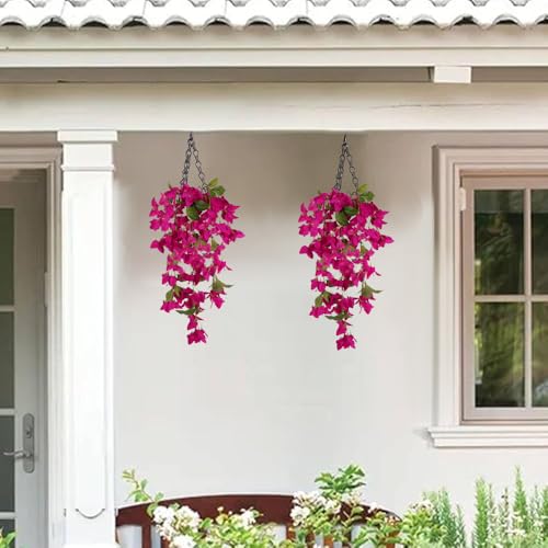 IPOPU Artificial Hanging Flowers Bougainvillea, 2PCS UV Resistant Bougainvillea Silk Vine Flowers Fake Triangle Plum Blooming Faux Flower for Garden Porch Eave Wedding Wall Indoor Outdoor Decor (Rose Red) - Image 5