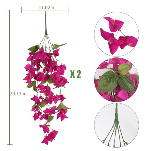 IPOPU Artificial Hanging Flowers Bougainvillea, 2PCS UV Resistant Bougainvillea Silk Vine Flowers Fake Triangle Plum Blooming Faux Flower for Garden Porch Eave Wedding Wall Indoor Outdoor Decor (Rose Red) - Image 2