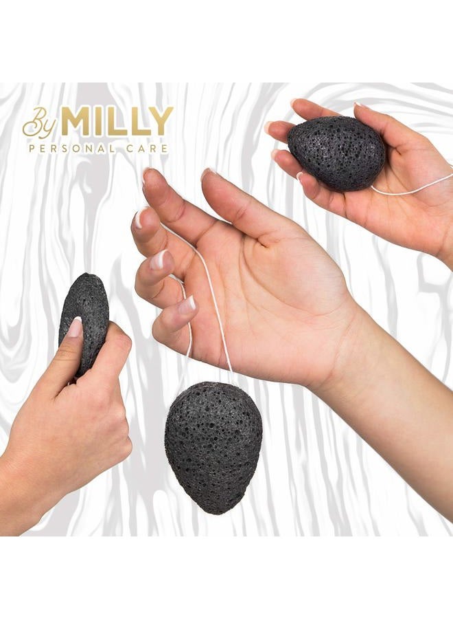 By MILLY إسفنجة كونجاك للوجه | طبيعية بالكامل وقابلة لإعادة الاستخدام | إسفنجة وجه كونجاك مع فحم البامبو النشط | إسفنجة تقشير لطيفة للوجه | تنظيف لجميع أنواع البشرة | قابلة للتحلل - سوداء، 3 قطع - Image 5