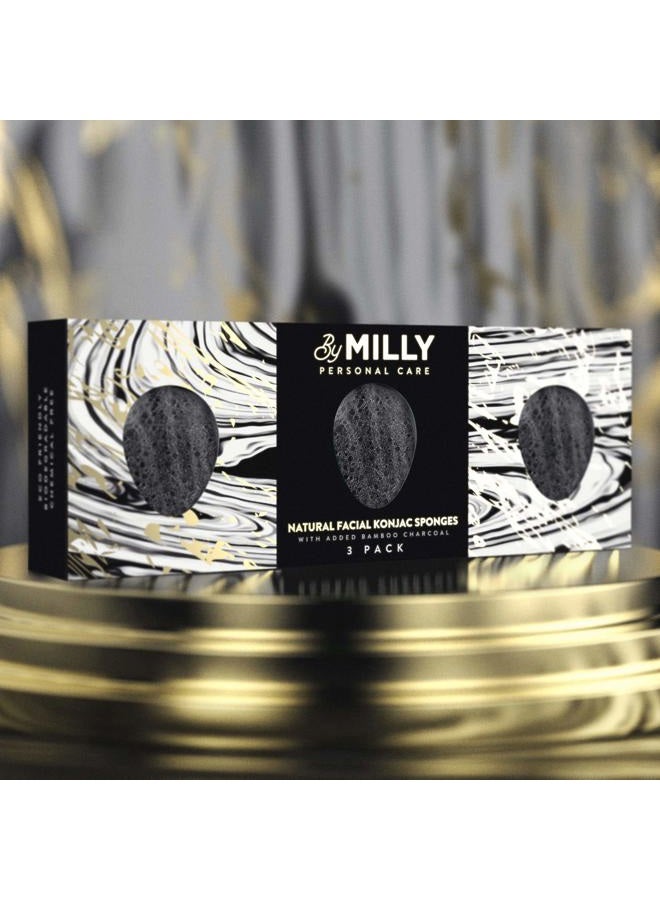 By MILLY إسفنجة كونجاك للوجه | طبيعية بالكامل وقابلة لإعادة الاستخدام | إسفنجة وجه كونجاك مع فحم البامبو النشط | إسفنجة تقشير لطيفة للوجه | تنظيف لجميع أنواع البشرة | قابلة للتحلل - سوداء، 3 قطع - Image 2