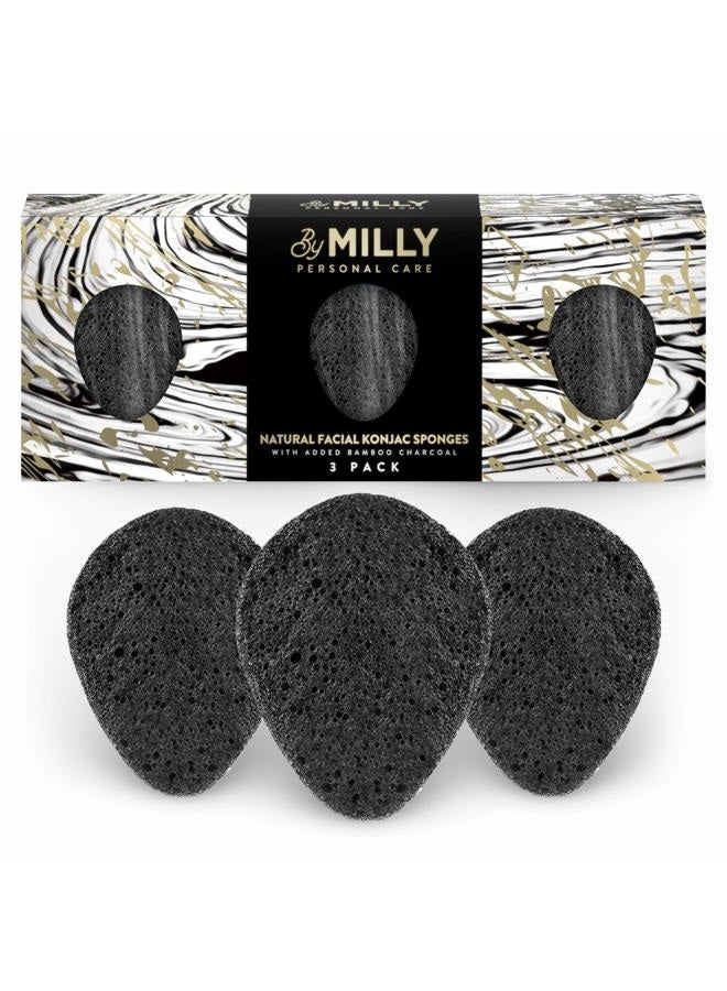 By MILLY إسفنجة كونجاك للوجه | طبيعية بالكامل وقابلة لإعادة الاستخدام | إسفنجة وجه كونجاك مع فحم البامبو النشط | إسفنجة تقشير لطيفة للوجه | تنظيف لجميع أنواع البشرة | قابلة للتحلل - سوداء، 3 قطع - Image 1
