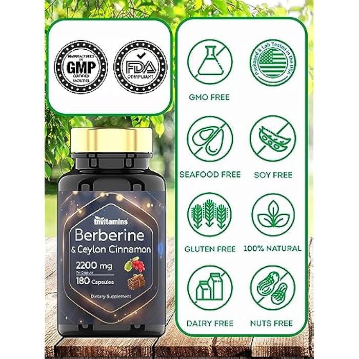 tnvitamins Berberine with Ceylon Cinnamon: 2200 mg Per Capsule - 180 Capsules | Natural Berberine Supplement for Cardiovasular & Circulatory System Health* | 6 Month Supply | Made in the USA! - Image 4