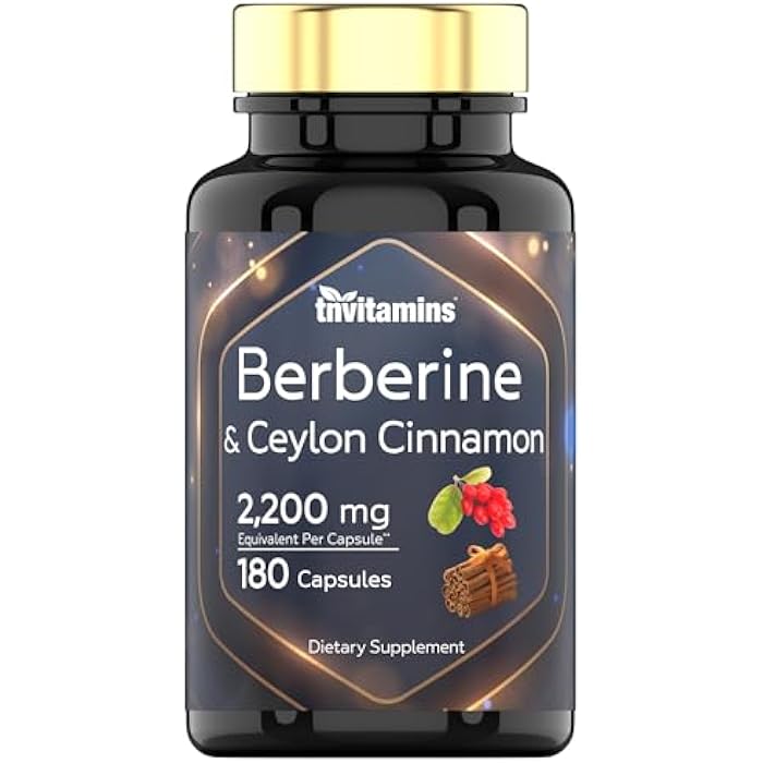 tnvitamins Berberine with Ceylon Cinnamon: 2200 mg Per Capsule - 180 Capsules | Natural Berberine Supplement for Cardiovasular & Circulatory System Health* | 6 Month Supply | Made in the USA! - Image 1