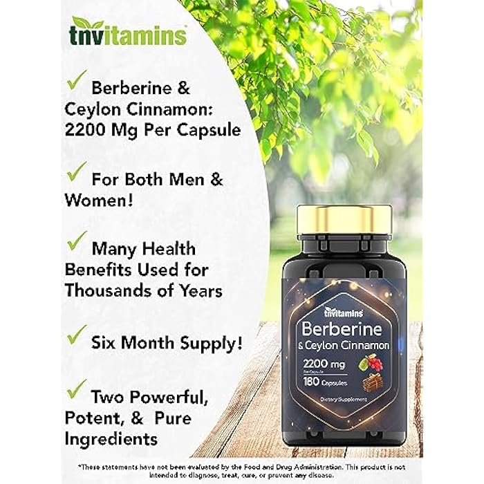 tnvitamins Berberine with Ceylon Cinnamon: 2200 mg Per Capsule - 180 Capsules | Natural Berberine Supplement for Cardiovasular & Circulatory System Health* | 6 Month Supply | Made in the USA! - Image 3