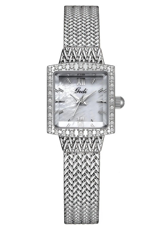 gedi Women's Luxury Square Watch - Crystal Studded Case with Mother of Pearl Dial & Braided Metal Strap | Elegant Formal Wristwatch - Image 2