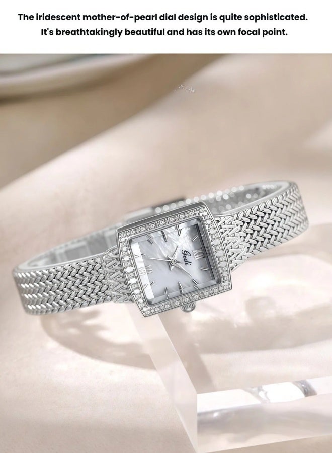 gedi Women's Luxury Square Watch - Crystal Studded Case with Mother of Pearl Dial & Braided Metal Strap | Elegant Formal Wristwatch - Image 5
