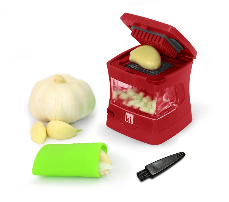 Kitchen Innovations GarlicAPeel Garlic Press Crusher Cutter Mincer and Storage Container  Includes Silicone Garlic Peeler  Easy to Clean  Stainless Steel Blades  Red standard