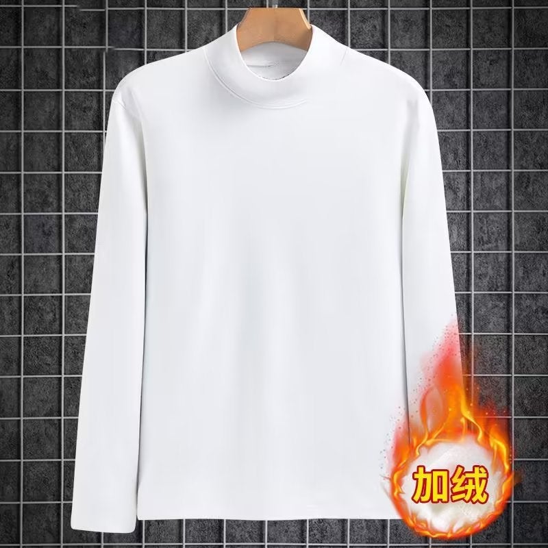Warm Long-Sleeved T-Shirt Men'S Round Neck Mid Collar Inner T-Shirt Top Solid Color Velvet Half Turtleneck Bottoming Shirt - Image 1