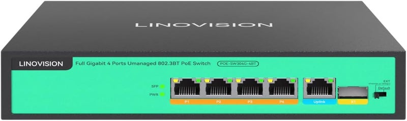 LINOVISION مفتاح LINOVISION 4 منافذ كامل جيجابت PoE++، مزود بطاقة مدمجة بقدرة 96 واط، جميع المنافذ الأربعة تدعم BT 90 واط، طاقة كافية لجميع أجهزة IEEE 802.3 af/at/bt PoE، بما في ذلك كاميرات PTZ ونقاط الوصول اللاسلكية وأضواء PoE - Image 1