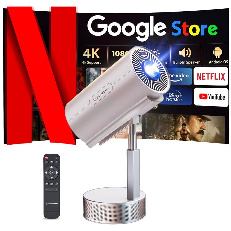 Crossbeats Lumex Pro Smart Projector 4k Ultra HD, Mini Projector for Room Native 1080P, Upto 14000 Lumens Android 13 Built-in Apps Prime, Portable Design, Speaker WiFi 300" Wide Display Gold - Image 1